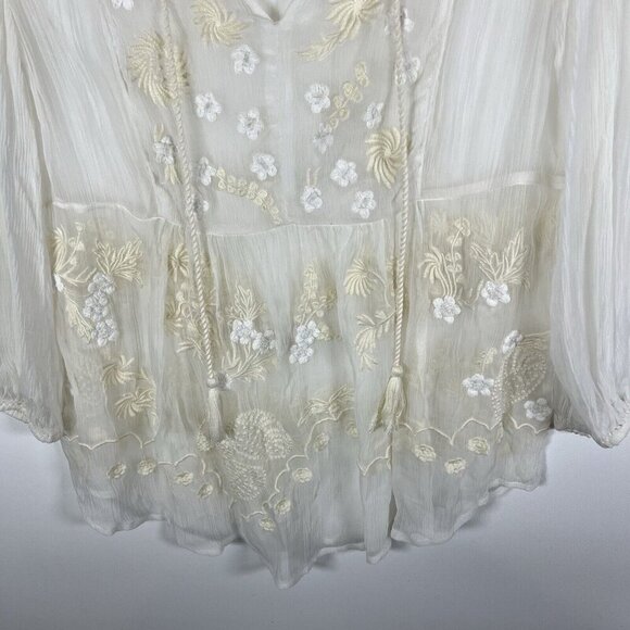 Feathers Bone By Anthropologie Embroidered Ivory Boho Blouse Women’s Size Small - Picture 4 of 9